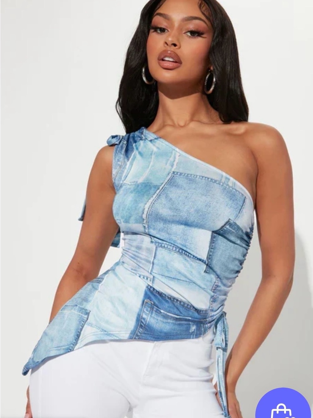Fashion Nova denim print one shoulder top
